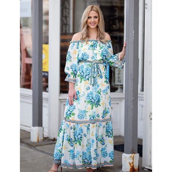 Pinkblush, x Flying Tomato Ivory Floral Off Shoulder Maternity Maxi Dress Nwot M - Picture 1 of 11